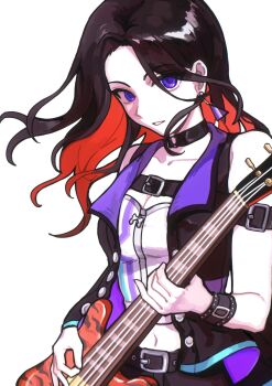 1girl bang_dream! bare_shoulders belt black_choker black_jacket breasts brown_belt brown_hair choker cleavage colored_inner_hair earrings electric_guitar guitar hashtag-only_commentary highres instrument jacket jewelry kurosukyu looking_at_viewer multicolored_hair multicolored_jacket music navel open_clothes open_jacket playing_instrument purple_eyes purple_jacket red_hair simple_background two-tone_hair two-tone_jacket upper_body wakana_rei white_background