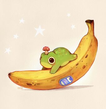 animal artist_name banana black_eyes chetom english_text fly_agaric food frog fruit grey_background highres mushroom no_humans original shadow star_(symbol)