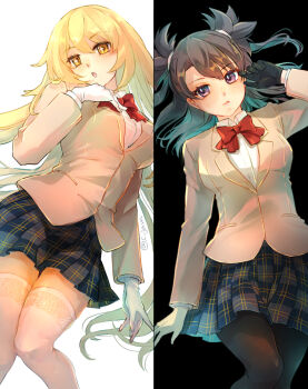 2girls black_background black_gloves black_hair blazer blonde_hair bow bowtie breasts brown_jacket commentary_request gaouin_tsukasa gloves grey_skirt jacket jam_(lc_jam) large_breasts long_hair long_sleeves looking_at_viewer multiple_girls open_mouth plaid_clothes plaid_skirt purple_eyes red_bow red_bowtie school_emblem school_uniform shirt shokuhou_misaki single_glove skirt sparkling_eyes spider_web_print split_screen thighhighs toaru_kagaku_no_mental_out toaru_kagaku_no_railgun toaru_majutsu_no_index tokiwadai_school_uniform twitter_username two_side_up white_background white_gloves white_shirt white_thighhighs winter_uniform yellow_eyes