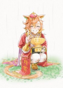 animal_ears cape cofee_fan crown dirty dirty_face dirty_feet ear_ornament highres holding holding_trophy horse_ears horse_girl horse_tail jewelry mini_crown orange_hair orange_tail pink_cape pink_crown red_sash ring sash school_uniform t.m._opera_o_(umamusume) tail tracen_school_uniform trophy umamusume umamusume:_beginning_of_a_new_era umamusume:_road_to_the_top
