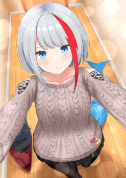 1girl absurdres admiral_graf_spee_(azur_lane) admiral_graf_spee_(peaceful_daily_life)_(azur_lane) arms_up azur_lane bare_shoulders black_skirt blue_eyes blush clothing_cutout curious fins fish_tail from_above full_body highres indoors long_sleeves looking_at_viewer looking_up medium_hair miniskirt multicolored_hair outstretched_arms paashe pantyhose parted_lips pleated_skirt pov reaching reaching_towards_viewer red_hair rigging shark_tail shoulder_cutout skirt solo standing streaked_hair sweater tail two-tone_hair white_hair