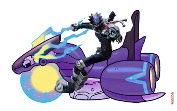 1boy 1other akira_(manga) akira_slide beelzebumon clenched_teeth closed_mouth crossover demon digimon digimon_(creature) full_body gun holding holding_gun holding_weapon legendary_pokemon looking_at_viewer meme miraidon motor_vehicle motorcycle nintendo no_humans orange_eyes parody pectorals pedro_larez pokemon pokemon_(creature) sliding spikes standing tail teeth weapon what white_background