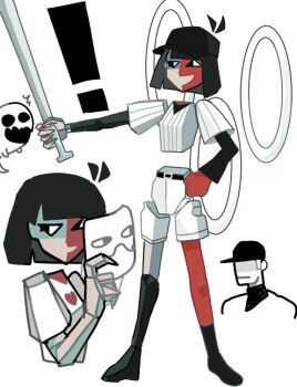 Rule 34 | !, 1girl, add-on (off), ahoge, antenna hair, asymmetrical legwear, baseball bat, baseball cap, baseball uniform, belt, black belt, black hair, black hat, black sleeves, black socks, blunt bangs, blunt ends, colored skin, cosplay, detached ahoge, doodle inset, ena: dream bbq, ena (dream bbq), ena (series), floating head, floating torso, ghost, hat, holding, holding baseball bat, holding mask, jewelry, low poly, mask, matsutsu1105, multicolored skin, off (game), open mouth, outstretched arm, red skin, ring, salesperson ena, shirt, short hair, shorts, simple background, smile, socks, spectre (off), split-color skin, sportswear, standing, striped clothes, striped shirt, the batter (off), the batter (off) (cosplay), two-tone skin, vertical-striped clothes, vertical-striped shirt, white background, white shirt, white shorts, zacharie (off), zacharie (off) (cosplay)