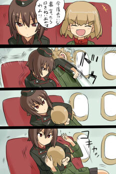 Rule 34 | 2girls, aircraft, airplane, airplane interior, black hat, black skirt, blonde hair, brown eyes, brown hair, cobra twist, commando (movie), commentary request, cross, fang, garrison cap, girls und panzer, green jacket, hat, indoors, iron cross, jacket, katyusha (girls und panzer), kuromorimine military uniform, long sleeves, military, military hat, military jacket, military uniform, multiple girls, nishizumi maho, open mouth, pravda school uniform, rabbit inoue, red shirt, scene reference, school uniform, shirt, short hair, skirt, smile, translation request, turtleneck