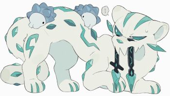 ... chien-pao fangs gen_8_pokemon kiirono looking_at_another nintendo no_humans pokemon pokemon_(creature) simple_background snom speech_bubble tail white_background white_fur
