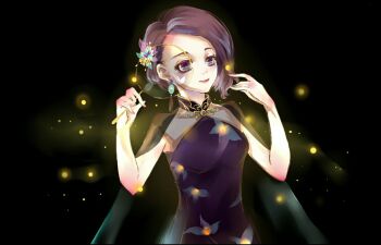 Rule 34 | 1girl, aegyo sal, asymmetrical hair, bare arms, black background, black cape, cape, china dress, chinese clothes, chinese commentary, closed mouth, commentary request, dress, earrings, eyelashes, fireflies, floral print, flower in mirror (miracle nikki), hand fan, hand up, happy, holding, holding fan, jewelry, light blush, light particles, lipstick, makeup, miracle nikki, muriel miaoke, nikki (series), painttool sai (medium), print dress, purple dress, purple eyes, purple hair, red lips, see-through cape, short hair, simple background, single earring, sleeveless, sleeveless dress, smile, solo, tassel, tassel earrings, tuanshan, upper body