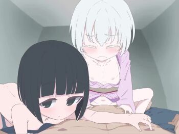 1boy 2girls animated audible_internal_cumshot audible_speech black_eyes black_hair censored cowgirl_position cum cum_in_pussy hetero hrgm japanese_audio japanese_clothes kimono licking licking_nipple loli moaning multiple_girls nipple_stimulation open_clothes open_kimono original pale_skin partially_undressed pov red_eyes ryuutai_niku_(ryuutai_urinal) short_hair sound straddling video white_hair