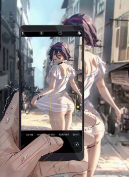 1girl :d ass black_choker blush cellphone_photo chainsaw_man choker clothes_lift commentary cowboy_shot dress dress_lift earrings english_commentary from_behind green_eyes hair_ribbon highres holding holding_phone jewelry lifting_own_clothes looking_at_viewer open_mouth outdoors phone pov pov_hands public_indecency public_nudity reze_(chainsaw_man) ribbon see-through_clothes short_hair short_sleeves smile smug solo_focus taking_picture tight_(ohmygod) viewer_holding_phone wet white_dress