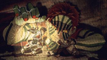 3boys aj1_si0 akaza_(kimetsu_no_yaiba) barefoot black_pants blood blood_on_clothes blood_on_face blue_sclera closed_mouth colored_sclera facial_tattoo fingernails full_body hakuji_(kimetsu_no_yaiba) hand_up highres japanese_clothes kimetsu_no_yaiba kimono mini_person miniboy multiple_boys pants pink_hair red_nails short_hair smile spiked_hair table tattoo twitter_username upper_body white_kimono white_pants yellow_eyes