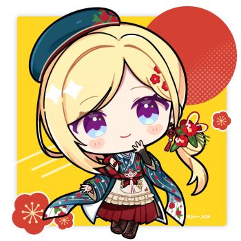 Rule 34 | 1girl, aki rosenthal, blonde hair, blue kimono, blush stickers, boots, border, brown boots, chibi, chibi only, closed mouth, commentary, flower, full body, green hat, hair flower, hair ornament, hakama, hakama skirt, hand up, hat, highres, hololive, japanese clothes, kashiwase karune, kimono, lace-up boots, long hair, long sleeves, outside border, parted bangs, purple eyes, red hakama, skirt, smile, solo, standing, striped clothes, striped kimono, symbol-only commentary, twitter username, vertical-striped clothes, vertical-striped kimono, virtual youtuber, white border, yellow background