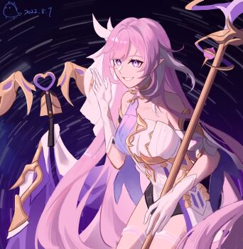 1girl absurdres bare_shoulders bell black_shorts breasts chinese_commentary cleveland01 commentary_request corset dated diamond-shaped_pupils diamond_(shape) elf elysia_(herrscher_of_human:_ego)_(honkai_impact) elysia_(honkai_impact) gloves highres holding holding_staff honkai_(series) honkai_impact_3rd large_breasts long_hair looking_at_viewer pink_hair pointy_ears purple_eyes short_shorts shorts smile solo staff symbol-shaped_pupils thighs triquetra veil very_long_hair white_corset white_gloves white_veil