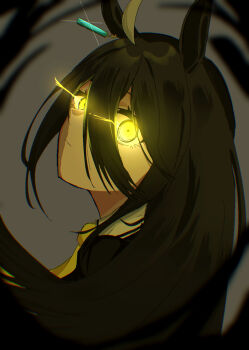 Rule 34 | 1girl, ahoge, akifuyuki0211, animal ears, black hair, closed mouth, commentary request, ear ornament, ear tag, earrings, eye trail, floating hair, grey background, grey hair, hair between eyes, highres, horse ears, horse girl, jewelry, light trail, long hair, long hair between eyes, manhattan cafe (creeping shadow) (umamusume), manhattan cafe (umamusume), multicolored hair, single earring, solo, swirl, umamusume, yellow eyes