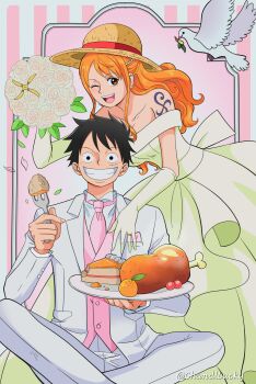 1boy 1girl absurdres bare_shoulders bird black_hair blush boned_meat bouquet bride cake cake_slice chandllucky collarbone commentary dress earrings english_commentary facial_scar feet_out_of_frame flower food fork fruit gloves grin groom hat hetero highres holding holding_bouquet holding_fork holding_plate indian_style jacket jewelry leaning_forward long_hair looking_at_viewer mandarin_orange meat monkey_d._luffy nami_(one_piece) necktie off-shoulder_dress off_shoulder one_eye_closed one_piece open_mouth orange_eyes orange_hair pants pearl_earrings pink_necktie pink_vest plate ring scar scar_on_cheek scar_on_face shoulder_tattoo sitting smile straight-on straw_hat tattoo twitter_username vest wavy_hair wedding_dress wedding_ring white_bird white_dress white_flower white_gloves white_jacket white_pants wink