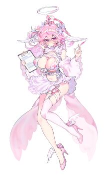 1girl absurdres ahoge belt blush breasts commentary crossed_bangs detached_sleeves garter_straps hair_between_eyes hair_intakes hair_ornament hairclip halo hat head_wings heart_ring_strap high_heels highres holding holding_notepad holding_syringe large_breasts long_hair looking_at_viewer navel notepad nurse nurse_cap original pink_eyes pink_hair pink_shoes savi_(byakushimc) shoes simple_background single_bare_leg single_garter_strap single_thighhigh skindentation solo syringe thigh_strap thighhighs white_background white_thighhighs wide_sleeves winged_shoes wings x_hair_ornament