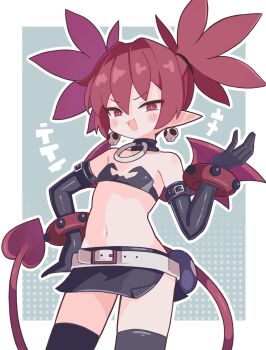 1girl :d bare_shoulders black_choker black_gloves black_thighhighs blue_background blush border choker commentary cowboy_shot demon_tail demon_wings disgaea earrings elbow_gloves etna_(disgaea) gloves hand_on_own_hip hand_up highres jewelry loli looking_at_viewer navel open_mouth outline outside_border pointy_ears red_eyes red_hair red_wings short_hair skull_earrings smile solo suaman tail thighhighs white_border white_outline wings