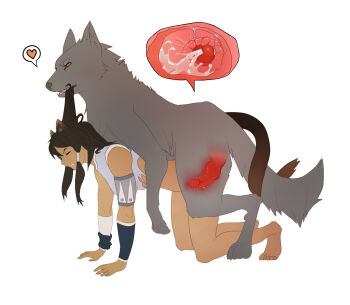 1girl all_fours animal_ears animal_penis avatar_legends barefoot bestiality blue_eyes bottomless brown_hair cat_ears cat_tail clenched_teeth cross-section cum cum_in_pussy dark_skin doggystyle grabbing_another's_hair hair_ornament hair_tubes heart holding_another's_hair impregnation intertwined_tails kneeling knotted_penis korra penis sex sex_from_behind simple_background spoken_heart tail teeth the_legend_of_korra toes torn_clothes uterus vaginal white_background wince wolf x-ray yellow_eyes