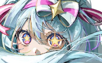 1girl blue_hair bow commentary_request diamond_(shape) eyelashes hair_between_eyes hair_ornament hatsune_miku ima_sugu_rinne_(vocaloid) long_hair looking_at_viewer multicolored_eyes oekaki paint_chat_(medium) pink_bow simple_background soybee_102 star-shaped_pupils star_(symbol) symbol-shaped_pupils twintails very_long_hair white_background