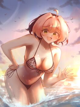 Rule 34 | 1girl, ahoge, bare shoulders, bent over, bikini, black bikini, blush, breasts, cleavage, collarbone, embarrassed, green eyes, h3p0, highres, horizon, lens flare, medium breasts, ocean, original, osu!, pippi (osu!), sunset, swimsuit, waving