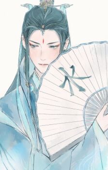 1boy black_hair blue_eyes blue_hanfu chinese_clothes closed_mouth commentary earrings english_commentary expressionless facial_mark folding_fan forehead_mark hair_ornament hand_fan hanfu highres holding holding_fan jewelry kkcoocool long_hair long_sleeves looking_down makeup male_focus paper_fan shi_wudu simple_background solo tassel tassel_earrings tianguan_cifu upper_body white_background wide_sleeves xiao_guan_(headdress)