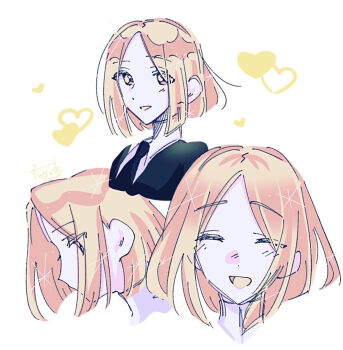 1other androgynous artist_name black_necktie black_vest blonde_hair closed_eyes collared_shirt colored_tongue commentary_request cropped_torso facing_viewer fugashiramune gem_uniform_(houseki_no_kuni) heart highres houseki_no_kuni light_smile looking_at_viewer multiple_views necktie open_mouth other_focus parted_bangs profile shirt short_hair solo sparkle vest white_background white_shirt yellow_diamond_(houseki_no_kuni) yellow_eyes yellow_tongue