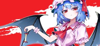 apple bat_wings blue_hair closed_mouth dress food fruit hat highres holding holding_food holding_fruit looking_to_the_side mob_cap neckerchief pink_dress puffy_short_sleeves puffy_sleeves red_background red_eyes red_neckerchief remilia_scarlet short_sleeves sia_6767 touhou upper_body wings