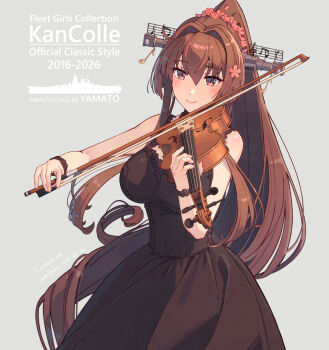 1girl alternate_headgear black_dress bow_(music) breasts brown_hair cherry_blossoms commentary_request copyright_name dress flower hair_between_eyes hair_flower hair_intakes hair_ornament headgear highres himeyamato historical_name_connection holding holding_instrument holding_violin instrument kantai_collection large_breasts long_hair music name_connection object_namesake official_alternate_costume playing_instrument ponytail sidelocks sleeveless sleeveless_dress smile solo very_long_hair violin yamato_(battleship) yamato_(kancolle) yamato_(orchestra_dress)_(kancolle)