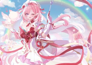 1girl ;o absurdres beret breasts cleavage commentary_request diamond-shaped_pupils diamond_(shape) dress elf elysia_(hi_love_elf)_(honkai_impact) elysia_(honkai_impact) gloves hat heart_ribbon highres holding_ribbon_baton honkai_(series) honkai_impact_3rd large_breasts little_messenger_(honkai_impact) long_hair looking_at_viewer multicolored_hair one_eye_closed pink_hair pointy_ears purple_eyes red_dress single_glove solo symbol-shaped_pupils tdatnst two-tone_hair very_long_hair white_dress white_gloves white_hair