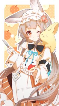 1girl absurdres animal animal_ears animal_on_shoulder arknights black_bow black_bowtie blue_ribbon blush border bow bowtie closed_mouth commentary cowboy_shot dress frilled_hairband frills grey_hair hairband heart highres holding holding_knife knife light_particles long_hair long_sleeves looking_at_viewer one_eye_closed orange_eyes outside_border ribbon ribbon-trimmed_hairband ribbon_trim solo standing suzuiro_(chocolatte) symbol-only_commentary warmy_(arknights) white_border white_dress white_hairband