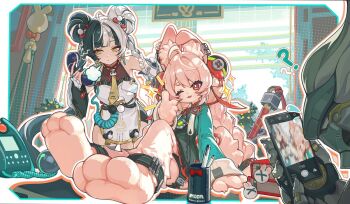 1boy 2girls ? ?? ahoge animal_ear_fluff animal_ear_piercing animal_ears animal_feet animal_print anklet aqua_nails banyue_(zenless_zone_zero) bare_shoulders bear_print black_hair braid braided_twintails bright_pupils china_dress chinese_clothes closed_mouth corded_phone curtains dialyn_(zenless_zone_zero) dress earrings flying_sweatdrops furry furry_female green_shirt hair_extensions hair_ornament hairclip hashtag-only_commentary holding holding_phone humanoid_robot indoors jewelry long_hair looking_at_object mandarin_collar mechanical_hands medallion multicolored_hair multicolored_nails multiple_girls necktie one_eye_closed open_mouth outline panda_hair_ornament panda_print pen phone pink_fur pink_hair rabbit_ears rabbit_girl red_eyes red_nails ring_hair_extensions robot robot_boy screw shirt short_eyebrows shout_lines sparkle split-color_hair talking_on_phone thick_eyebrows thigh_strap ttosom white_eyes white_hair white_outline white_pupils window wire yellow_eyes yellow_necktie zenless_zone_zero zhao_(zenless_zone_zero)