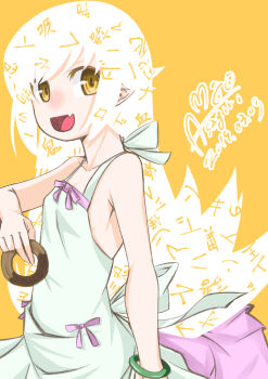 1girl :d asagirimao bare_shoulders bracelet donut dress fang food highres jewelry long_hair looking_at_viewer monogatari_(series) open_mouth oshino_shinobu pointy_ears simple_background smile solo white_dress white_hair yellow_background yellow_eyes