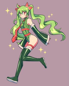 1girl bare_shoulders boots commentary detached_sleeves food_print fruit_print full_body green_boots green_hair green_leotard hatsune_miku highres leotard long_hair looking_at_viewer necktie papipomelo print_leotard red_necktie simple_background solo sparkling_eyes thigh_boots twintails vocaloid watermelon_miku_(kaatokun) watermelon_print
