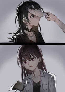 2girls bang_dream! bang_dream!_it's_mygo!!!!! black_choker black_hair black_jacket black_shirt blue_eyes choker closed_mouth commentary_request expressionless highres jacket jewelry long_hair mole mole_under_eye multiple_girls necklace open_mouth paper purple_eyes shiina_taki shirt sweatdrop tape trileo405 white_jacket yahata_umiri