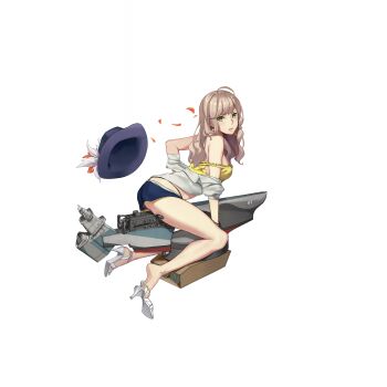 1girl ahoge bare_shoulders blonde_hair blue_hat blue_shorts blush bracelet breasts browning_m2 earrings falling_petals full_body green_eyes gun hat heavy_machine_gun high_heels highres jacket jewelry large_breasts long_hair looking_at_viewer machine_gun missouri_(warship_girls_r) official_alternate_costume official_art open_mouth panties petals riding rigging shorts smokestack solo star_(symbol) star_earrings string_panties tank_top transparent_background underwear warship_girls_r weapon white_jacket yellow_tank_top zi_se