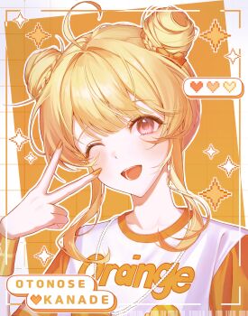 1girl ;d ahoge blonde_hair blush bow braid character_name commentary double_bun hair_bun heart highres hololive hololive_dev_is jewelry looking_at_viewer necklace one_eye_closed open_mouth orange_bow orange_nails orange_shirt orange_theme otonose_kanade pink_eyes roha_(2r0ha1745) shirt sidelocks smile solo star_(symbol) teeth two-tone_shirt upper_body v virtual_youtuber white_shirt