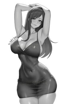 1girl alternate_costume armpits arms_up artist_name bare_arms bare_shoulders black_hair blush breasts cleavage closed_mouth collarbone commentary covered_navel cowboy_shot curvy dress feikyart final_fantasy final_fantasy_vii greyscale halterneck highres large_breasts lipgloss long_hair looking_at_viewer monochrome narrow_waist simple_background single_sidelock skin_tight skindentation solo spaghetti_strap swept_bangs tifa_lockhart tight_clothes tight_dress watermark white_background wide_hips