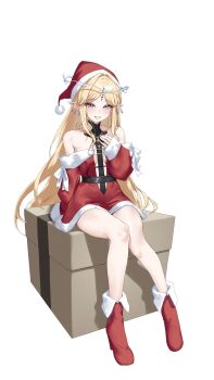 1girl bare_shoulders blonde_hair blue_eyes breasts cartethyia_(wuthering_waves) crown_of_thorns earrings full_body hand_up hat highres jewelry long_hair multiple_earrings parted_bangs parted_lips red_shoes rkin santa_hat shoes sidelocks simple_background sitting small_breasts smile solo tacet_mark_(wuthering_waves) white_background wuthering_waves