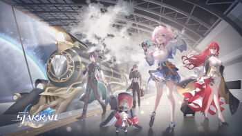 1other 2boys 2girls absurdres arturaxia bag black_boots black_coat black_fur black_gloves black_hair black_jacket black_pants blue_skirt boots breasts brown_hair brown_jacket camera coat dan_heng_(honkai:_star_rail) dan_heng_(hunt)_(honkai:_star_rail) dress gloves hat high_heels highres himeko_(honkai:_star_rail) holding holding_camera honkai:_star_rail honkai_(series) jacket leg_tattoo long_hair long_sleeves march_7th_(honkai:_star_rail) march_7th_(preservation)_(honkai:_star_rail) medium_breasts multiple_boys multiple_girls pants pink_hair pom-pom_(honkai:_star_rail) red_hair red_hat red_jacket shirt short_hair skirt tattoo train train_station welt_yang white_dress white_jacket white_shirt
