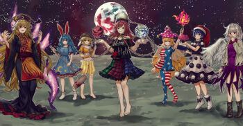 6+girls american_flag_dress american_flag_legwear animal_ears arm_up arrow_(symbol) baggy_shorts bare_shoulders barefoot beads belt black_belt black_boots black_bow black_choker black_dress black_hat black_shirt black_sky blonde_hair bloomers blue_dress blue_eyes blue_hair book boots bow bowtie breasts brown_hat chain chinese_clothes choker closed_mouth clothes_writing clownpiece collarbone collared_dress covering_own_mouth crescent crescent_print dalachi_(headdress) dango doremy_sweet dream_soul dress earth_(ornament) earth_(planet) eating energy everyone fairy_wings feathered_wings food frills full_body gold_chain green_skirt grey_hair grey_jacket hair_between_eyes hair_ornament hammer hand_on_own_face hand_up hands_up hat heart heart_print hecatia_lapislazuli highres holding holding_book holding_food holding_hammer holding_skewer holding_torch jacket jester_cap junko_(touhou) kishin_sagume legacy_of_lunatic_kingdom long_hair long_sleeves looking_at_viewer low-tied_long_hair low_twintails mandarin_collar medium_breasts medium_hair midriff moon moon_(ornament) multicolored_skirt multiple_girls navel neck_ribbon neck_ruff nightcap no_shoes off-shoulder_shirt off_shoulder open_book open_clothes open_jacket open_mouth orange_hair orange_shirt pantyhose phoenix_print pink_hat plaid_clothes plaid_skirt planet polka_dot_headwear pom_pom_(clothes) puffy_short_sleeves puffy_sleeves purple_dress purple_eyes purple_skirt rabbit_ears rabbit_girl rabbit_tail red_bow red_bowtie red_dress red_eyes red_hair red_hat red_skirt red_tabard ribbon ringo_(touhou) seiran_(touhou) shadow shirt short_hair short_sleeves shorts single_wing skewer skirt sky smile socks space standing star_(sky) star_(symbol) star_print starry_sky striped_clothes striped_dress striped_pantyhose striped_shorts t-shirt tabard tail tassel teeth tentaizukan torch touhou transparent_wings twintails two-sided_dress two-sided_fabric two-tone_dress underwear underworld_(ornament) very_short_hair visor_cap wagashi white_bloomers white_boots white_dress white_socks wide_sleeves wings yellow_ribbon yellow_shorts