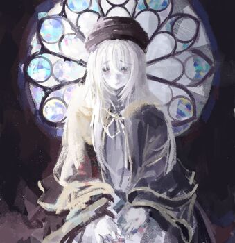 1girl bags_under_eyes black_hat brush_stroke colored_skin commentary cowboy_shot dark_souls_(series) dark_souls_iii dress english_commentary faux_traditional_media hair_between_eyes hands_on_own_knees hat highres impressionism layered_clothes long_hair long_sleeves paint_on_fingers painterly painting_woman_(dark_souls) sad sitting solo stained_glass straight-on stuffbecauseidk white_hair white_skin