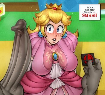 1boy 1girl blonde_hair blue_eyes blush breasts clothed_female_nude_male clothes condom crown dark-skinned_male dark_skin detnox dress earrings english_text erection highres huge_penis jewelry large_breasts long_hair looking_at_penis mario_(series) nintendo nude penis penis_awe piercing pov princess_peach robe speech_bubble super_mario_bros._1 super_smash_bros. surprised testicles