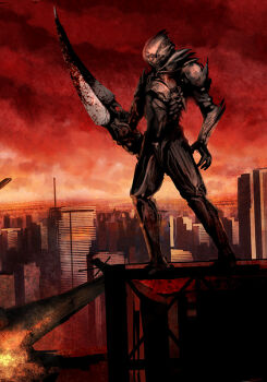 1boy activision alex_mercer arm_blade armor blood bloody_weapon building city cityscape morriperkele mutation prototype_(game) red_clouds sword weapon