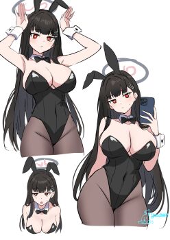 1girl :< :/ :o alternate_costume animal_ear_hairband animal_ears armpits arms_up artist_name bare_arms black_bow black_bowtie black_hair black_leotard blue_archive blunt_bangs blush bow bowtie breasts bright_pupils cellphone commentary_request cropped_legs detached_collar fake_animal_ears grey_pantyhose hairband halo highleg highleg_leotard highres holding holding_phone ikachan_(norach57) large_breasts leotard long_hair looking_at_viewer multiple_views pantyhose phone playboy_bunny presenting_armpit rabbit_ear_hairband rabbit_ears rabbit_pose red_eyes rio_(blue_archive) signature simple_background smartphone straight_hair strapless strapless_leotard sweatdrop very_long_hair white_background white_pupils wrist_cuffs