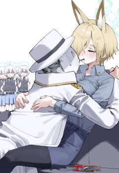 Rule 34 | 1boy, 5girls, absurdres, alternate hair length, alternate hairstyle, animal ear fluff, animal ears, blue archive, blue halo, blue shirt, blush, colored inner animal ears, couch, dog ears, dog girl, doodle sensei (blue archive), extra ears, food, food in mouth, halo, hat, highres, holding, holding food, holding pocky, kanna (blue archive), lonklink, mouth hold, multiple girls, notched ear, pocky, pocky day, pocky in mouth, pocky kiss, police, police uniform, sensei (blue archive), shared food, shirt, valkyrie police academy student (sg) (blue archive), white hat