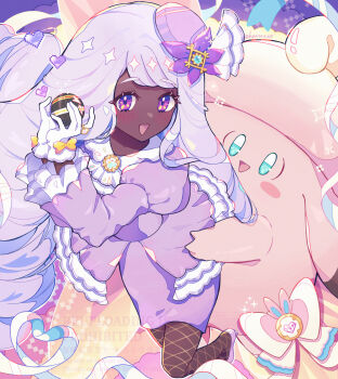 Rule 34 | 1girl, ascot, blue eyes, blush, blush stickers, bow, clefable, commentary request, dark-skinned female, dark skin, dress, fascinator, fishnet pantyhose, fishnets, frilled ascot, frills, gen 1 pokemon, glove bow, gloves, gold ring, hair ornament, haru (haruxxe), heart, highres, holding, holding poke ball, jacinthe (pokemon), juliet sleeves, long hair, long sleeves, looking at viewer, low drills, luxury ball, mega clefable, mega pokemon, mega stone, nintendo, open mouth, pantyhose, poke ball, pokemon, pokemon (creature), pokemon legends: z-a, puffy sleeves, purple dress, purple eyes, purple hair, smile, very dark skin, white gloves, wings