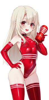 1girl absurdres artificial_vagina bare_shoulders black_choker blonde_hair blush breasts choker collar collarbone covered_erect_nipples covered_navel cowboy_shot crotch_zipper dildo elbow_gloves fang fate/kaleid_liner_prisma_illya fate_(series) gloves hand_on_own_hip highleg highres holding holding_sex_toy illyasviel_von_einzbern kiari_art latex latex_gloves latex_leotard latex_thighhighs leotard loli long_hair looking_at_viewer o-ring o-ring_choker open_mouth red_eyes red_leotard sex_toy shiny_clothes skin_fang skin_tight sleeveless small_breasts smile solo tenga thighhighs zipper