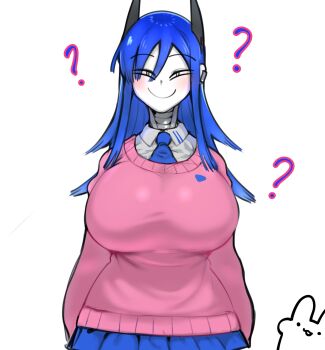 Rule 34 | ?, android, animal, blue hair, blush, breasts, collared shirt, gynoid, highres, huge breasts, long hair, looking at viewer, miniskirt, minkye, necktie, original, pink sweater, robot, robot ears, robot girl, shirt, simple background, skirt, smile, source request, sweater, white background
