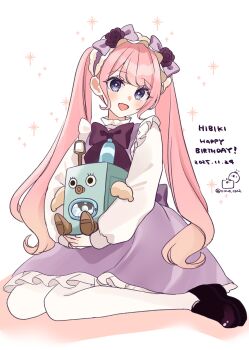 1girl :d commentary_request dated happy_birthday harapeko_shoujo_to_tantei_to highres long_hair looking_at_viewer open_mouth pantyhose pink_hair purple_eyes rino_cnc sitting smile solo twintails wariza white_pantyhose