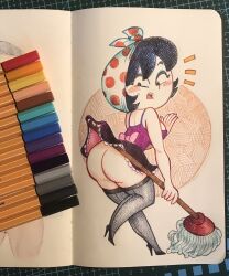 Rule 34 | 1girl, albo, art tools in frame, bandana, black eyes, black hair, black thighhighs, blue eyeshadow, bow, breasts, camisole, clothes lift, commentary, english commentary, eyeshadow, frown, full body, high heels, highres, holding, holding mop, jucika, jucika (comic), large breasts, makeup, marker (medium), microskirt, mop, no panties, open mouth, photo (medium), pink bow, polka dot, polka dot headwear, purple camisole, skirt, skirt lift, solo, thighhighs, toon (style), traditional media