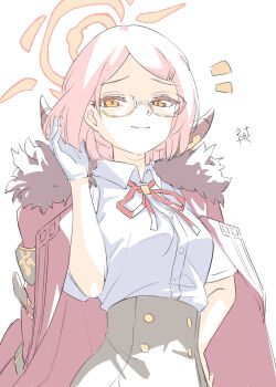 absurdres alternate_hairstyle aru_(blue_archive) blue_archive buttons coat collared_shirt fur_coat glasses gloves hair_ornament hairclip halo highres horns light_smile orange_eyes pink_hair shirt ushaku white_background