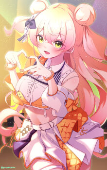 1girl absurdres blonde_hair blush breasts crop_top double_bun fang four-finger_heart_hands green_eyes hair_bun heart heart_hands highres hololive hololive_idol_uniform_(color_rise) large_breasts long_hair looking_at_viewer momosuzu_nene nail_polish navel open_mouth pink_nails poruporupriiin shirt skirt smile solo thigh_strap very_long_hair virtual_youtuber white_shirt white_skirt